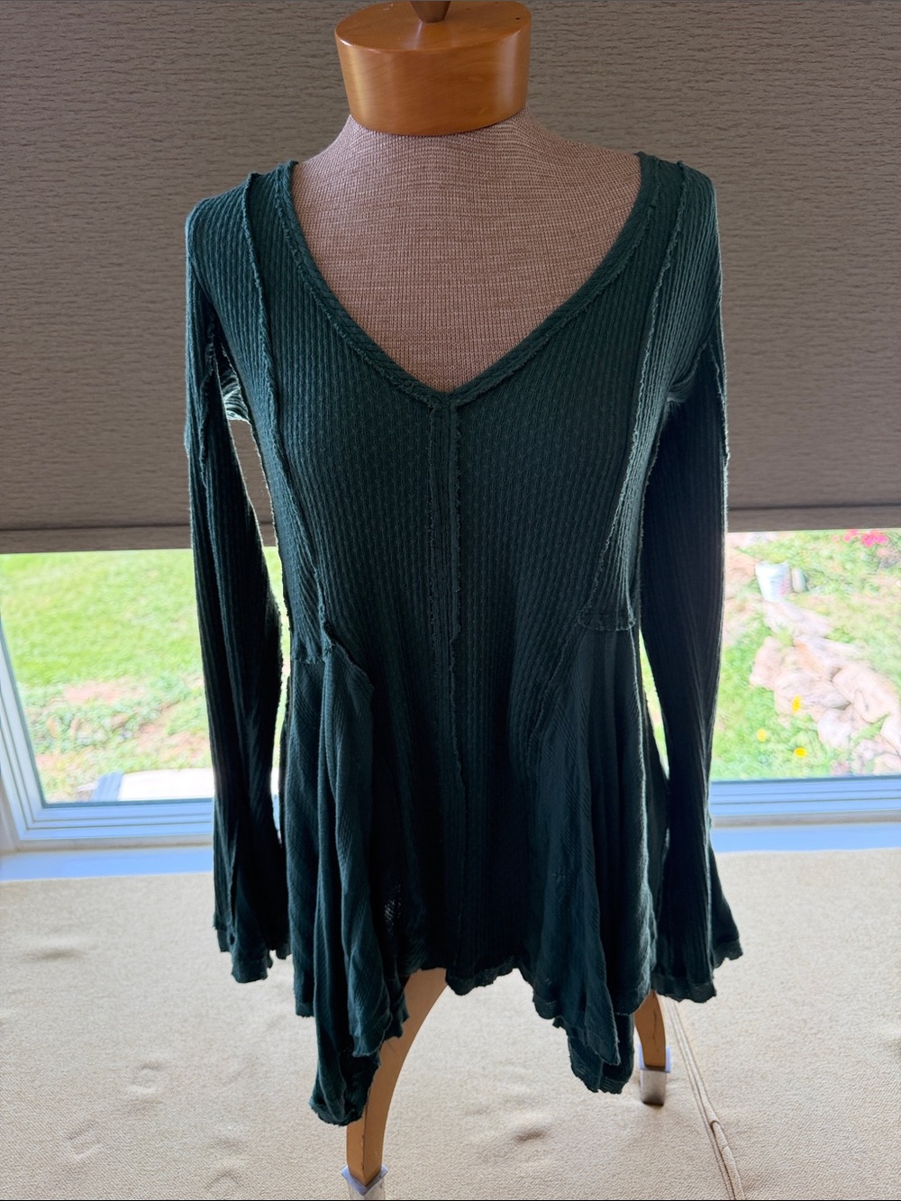 Free People Deep Green V-Neck Waffle Tunic Top